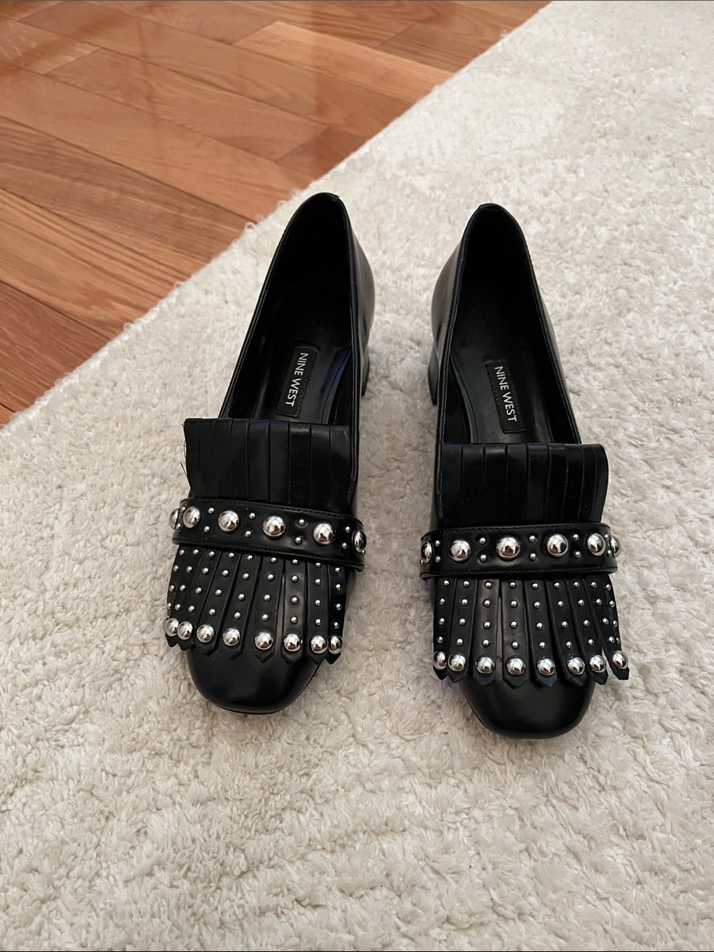 Nine West Black Studded Kiltie Loafers with Silver Studs